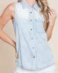 Chambray Sleeveless Button Front Top - Halemi & Co.