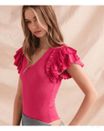 Deep V Neck Ribbed Ruffle Sleeve Bodysuit - Halemi & Co.