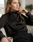 Midnight Luxe Satin Cowl Neck Blouse - Halemi & Co.