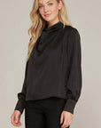 Black satin cowl neck blouse featuring a relaxed fit and long balloon sleeves.