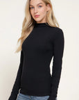 Women's soft black mock neck long sleeve fitted top side view
