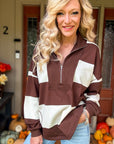 Chocolate brown and cream striped women's quarter zip top with mock neck