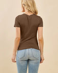 Back view of women's chocolate brown fitted short sleeve top