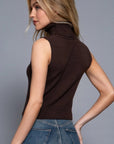 Back view of chocolate brown sleeveless turtleneck sweater