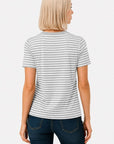 Women's gray and white striped short sleeve crew neck tee back view