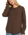 Supplier measurements for chocolate brown midweight crewneck sweater showing approximate 26.5-inch front length and 40-inch chest in size small.