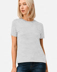 Women's gray and white striped short sleeve crew neck tee