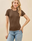 Front view of chocolate brown fitted crew neck tee