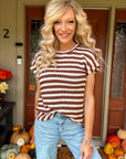 Chocolate brown and cream striped short sleeve knit top with relaxed fit