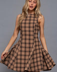 Women's brown plaid sleeveless fit and flare mini dress