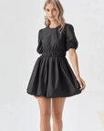 Black mini dress with puff sleeve and bubble hem detailing