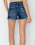 Risen stretch denim shorts with button fly and exposed pocket detailing back view.