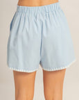 Back view of sky blue scallop trim high-waisted shorts