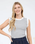 Feminine striped sweater knit tank styled for boutique fashion