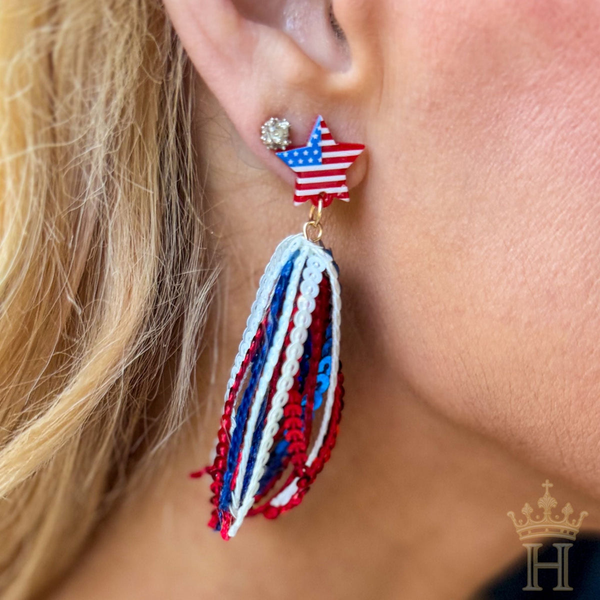 American Flag Star Tassel Earrings featuring patriotic red, white, and blue colors, lightweight tassel details, and a bold statement design.