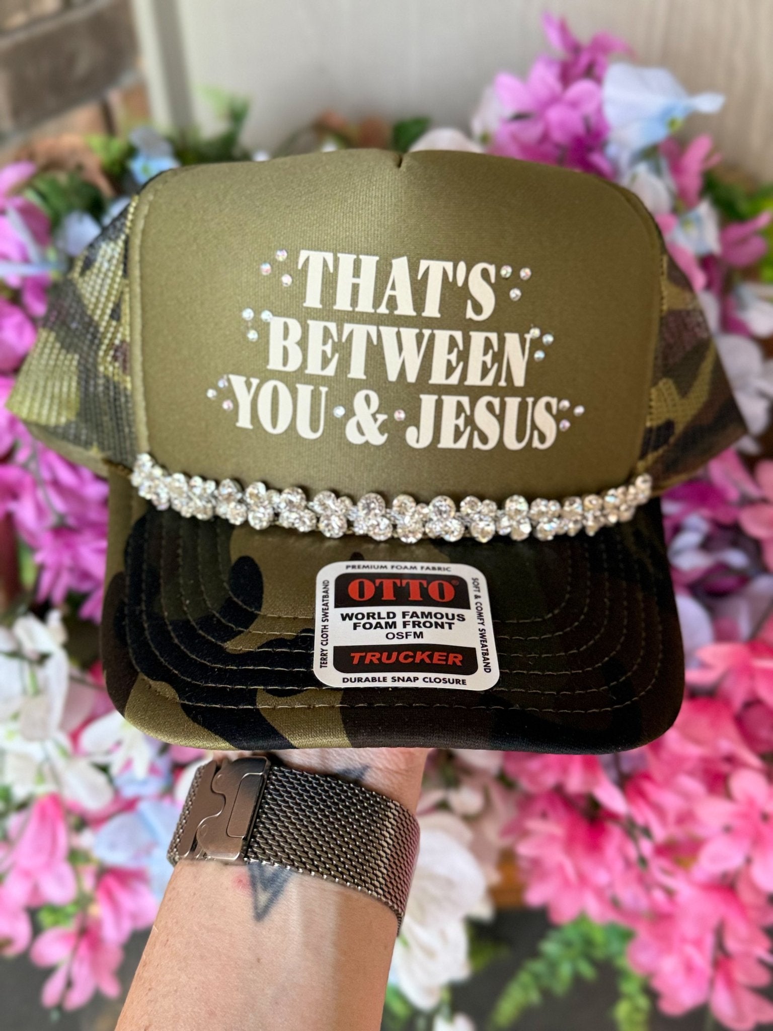 Between You &amp; Jesus Rhinestone Trucker Hat - Halemi &amp; Co.