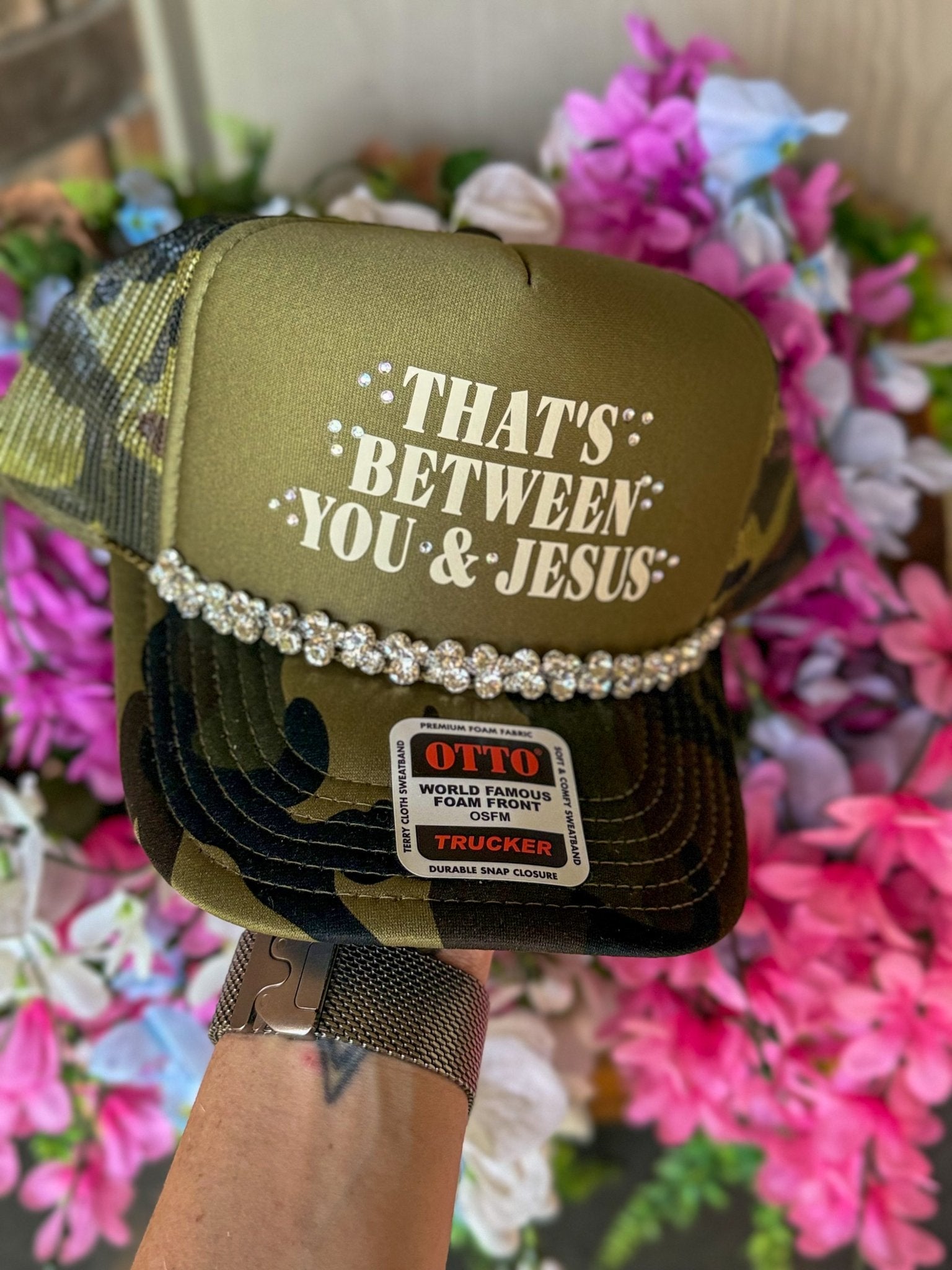 Between You &amp; Jesus Rhinestone Trucker Hat - Halemi &amp; Co.