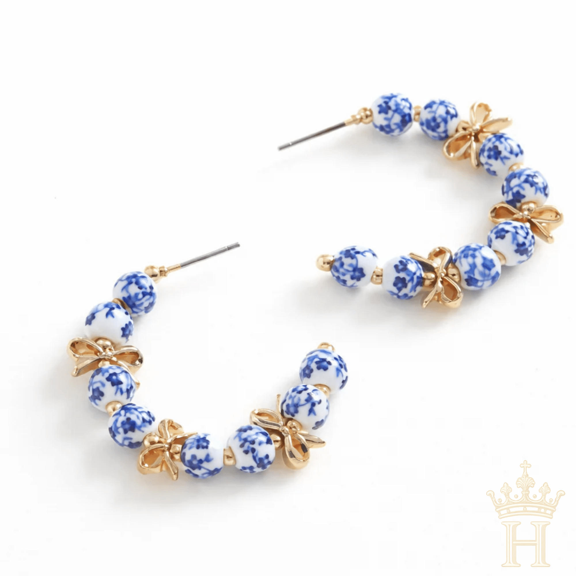 Blue floral porcelain bead hoop earrings with gold detailing