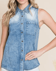 Chambray Sleeveless Button Front Top - Halemi & Co.