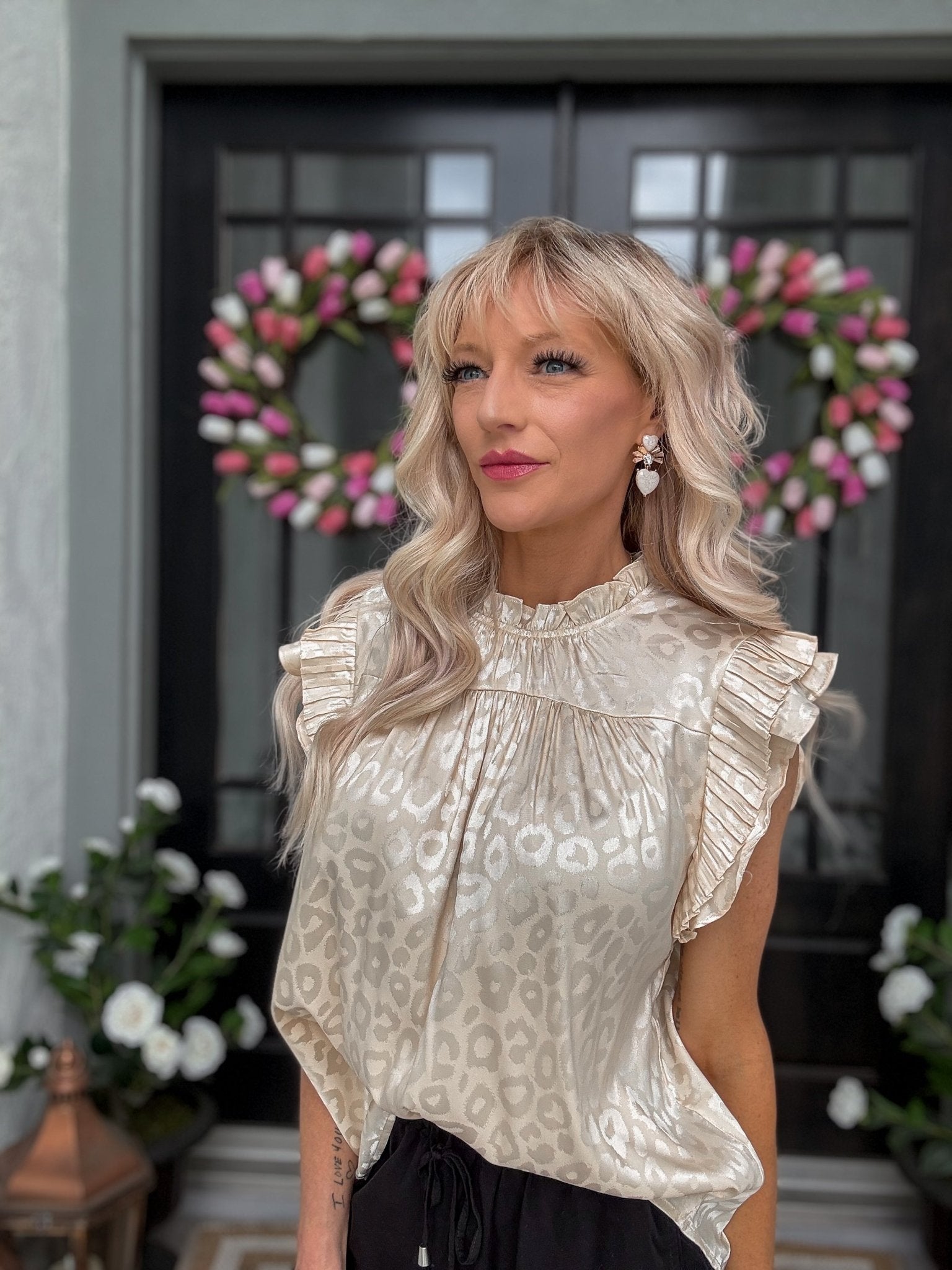 Champagne Satin Leopard Blouse - Halemi & Co.