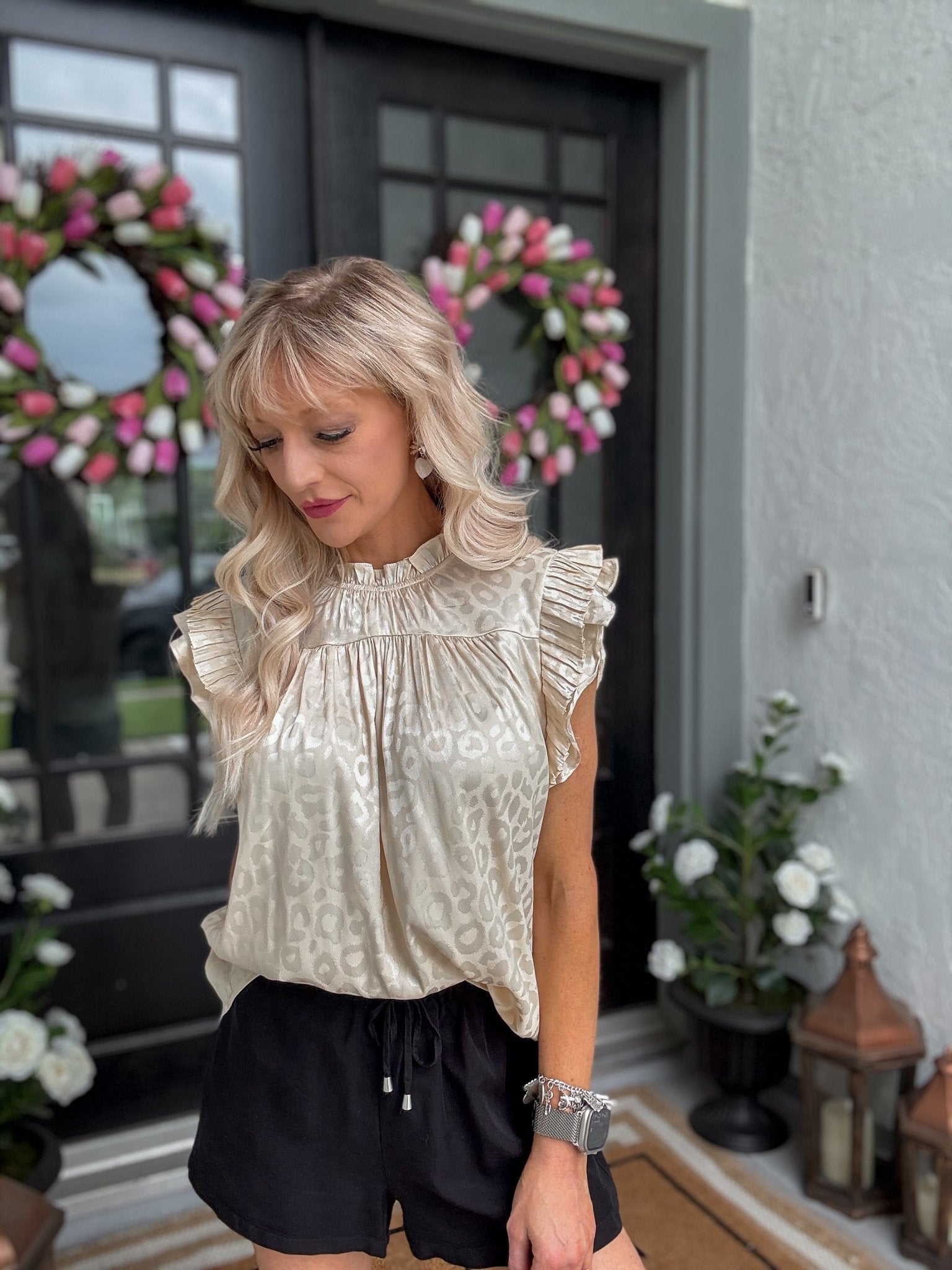 Champagne Satin Leopard Blouse - Halemi & Co.