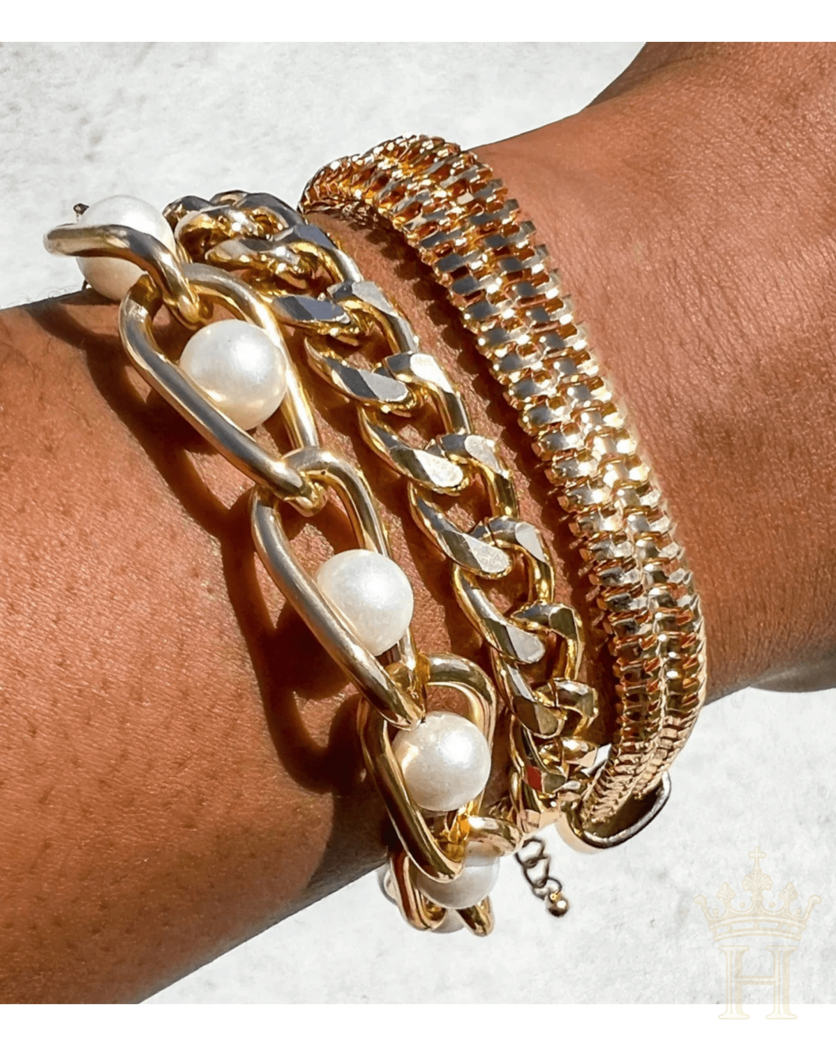 Chunky Pearl Chain Bracelet Stack – Mixed Link Gold Bracelet Set - Halemi & Co.