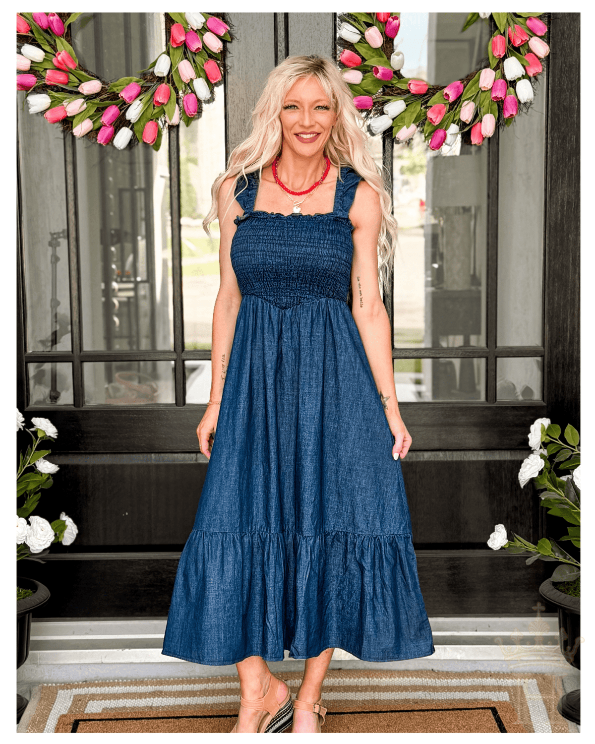 Denim Ruffle Strap Midi Dress