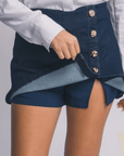 Denim Button Front Skort with Built - In Shorts - Halemi & Co.
