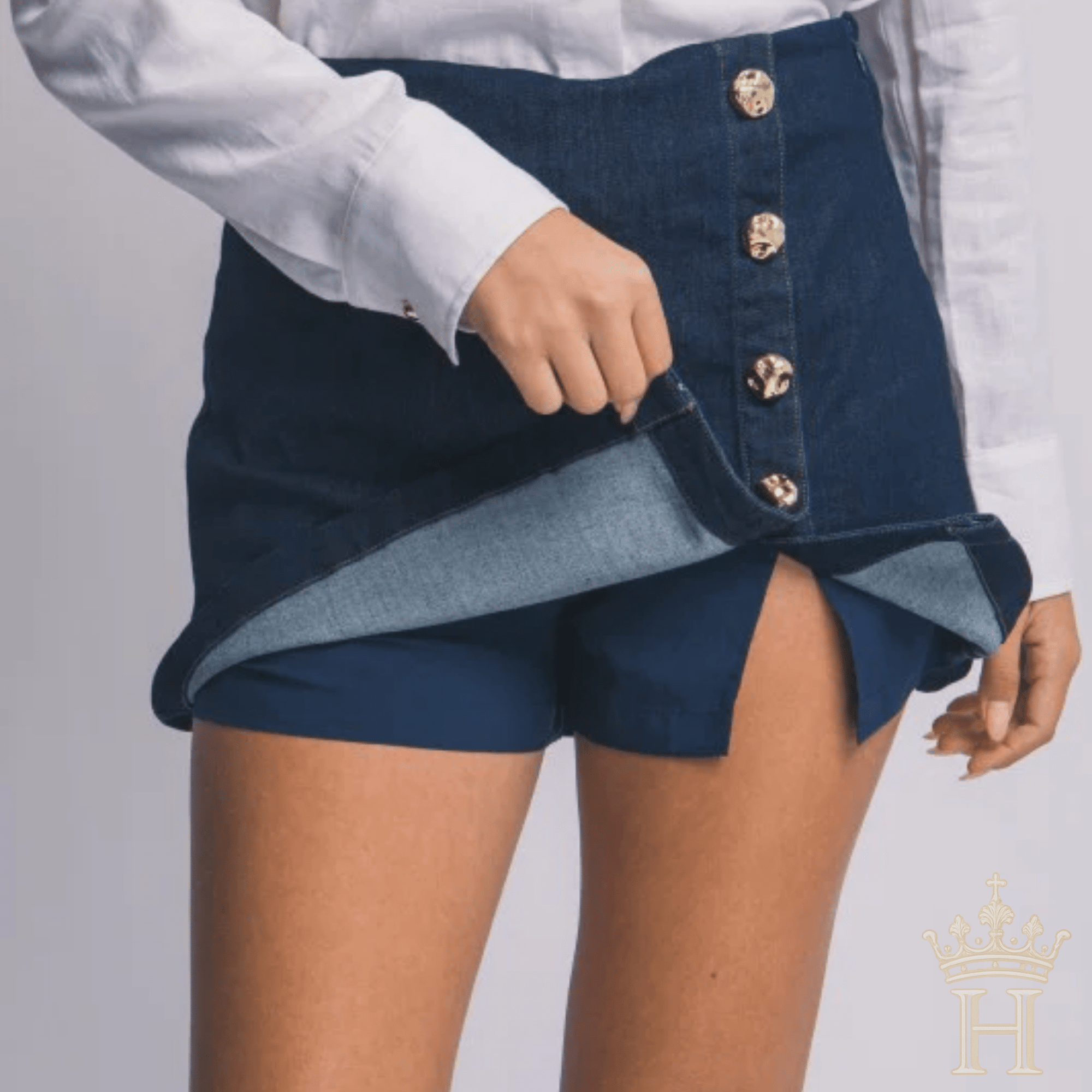 Denim Button Front Skort with Built - In Shorts - Halemi & Co.