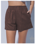 Brown linen elastic waist shorts from Halemi & Co. boutique collection