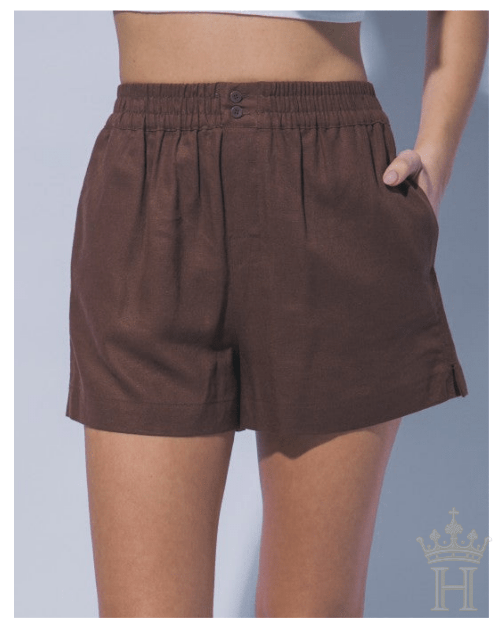 Brown linen elastic waist shorts from Halemi & Co. boutique collection