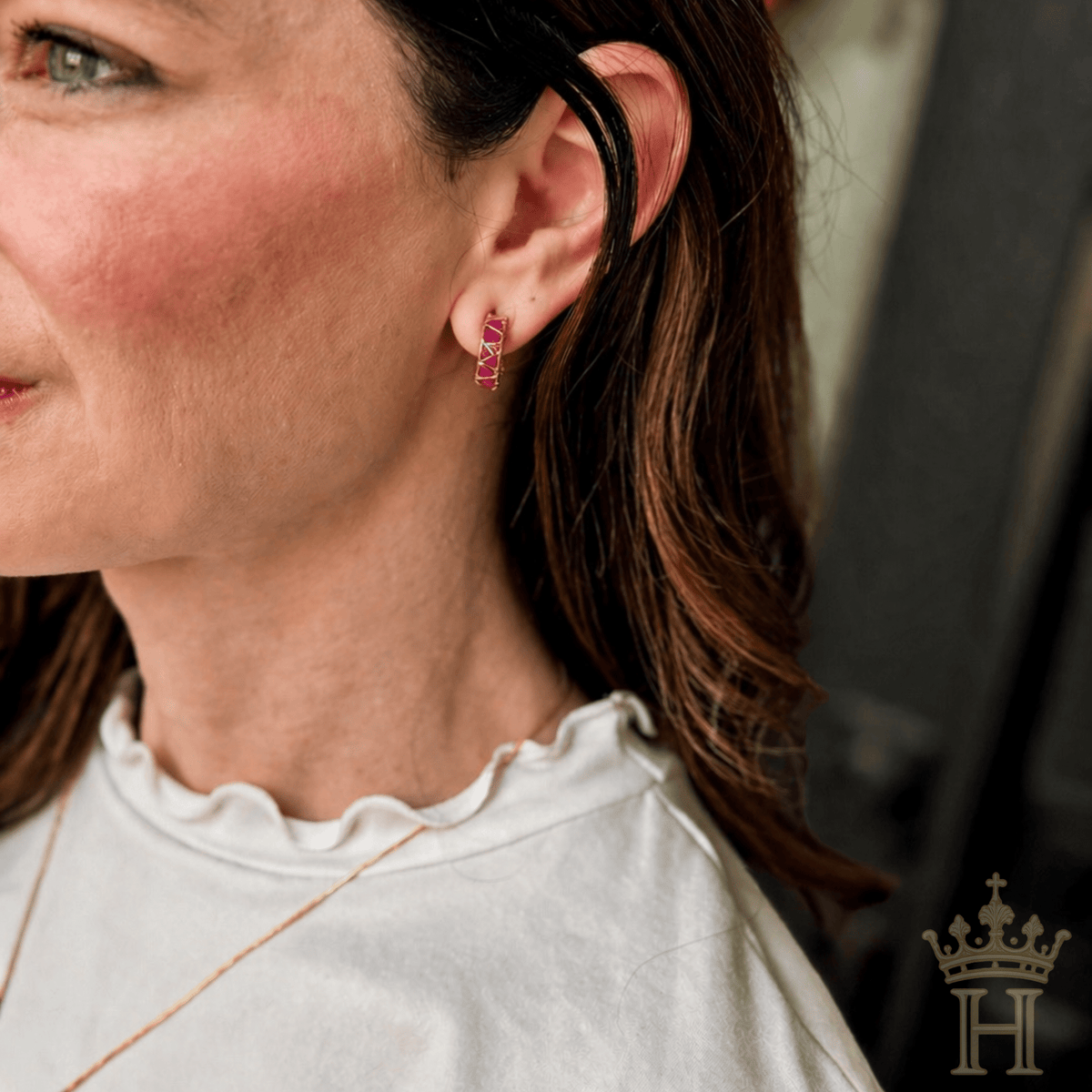 Fuchsia Pavé Gemstone Hoop Earrings featuring sparkling pink pavé gemstones, a classic gold-tone hoop design, and lightweight everyday comfort.