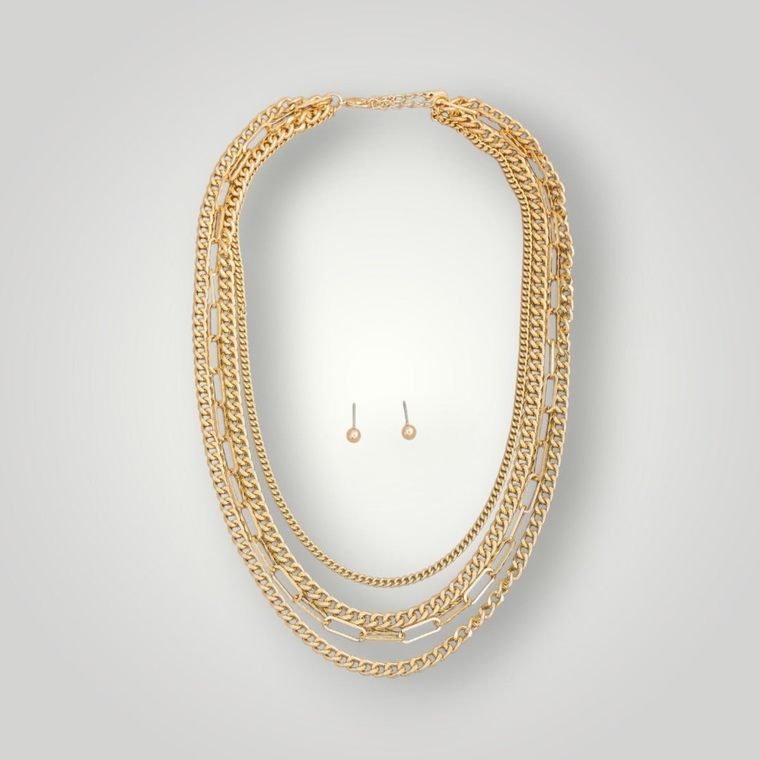 Golden Luxe Layered Chain Necklace & Stud Earring Set - Halemi & Co.