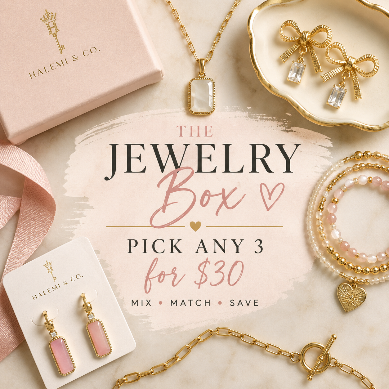 Halemi &amp; Co. Jewelry Box event featuring necklaces, earrings and bracelets with Pick Any 3 for $30 mix-and-match offer.