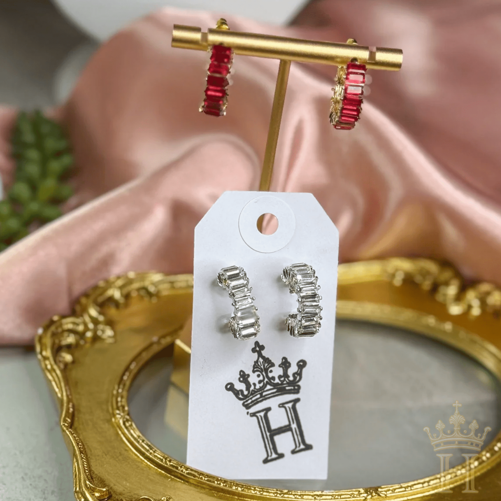 Modern geometric gemstone hoop earrings styled for boutique fashion