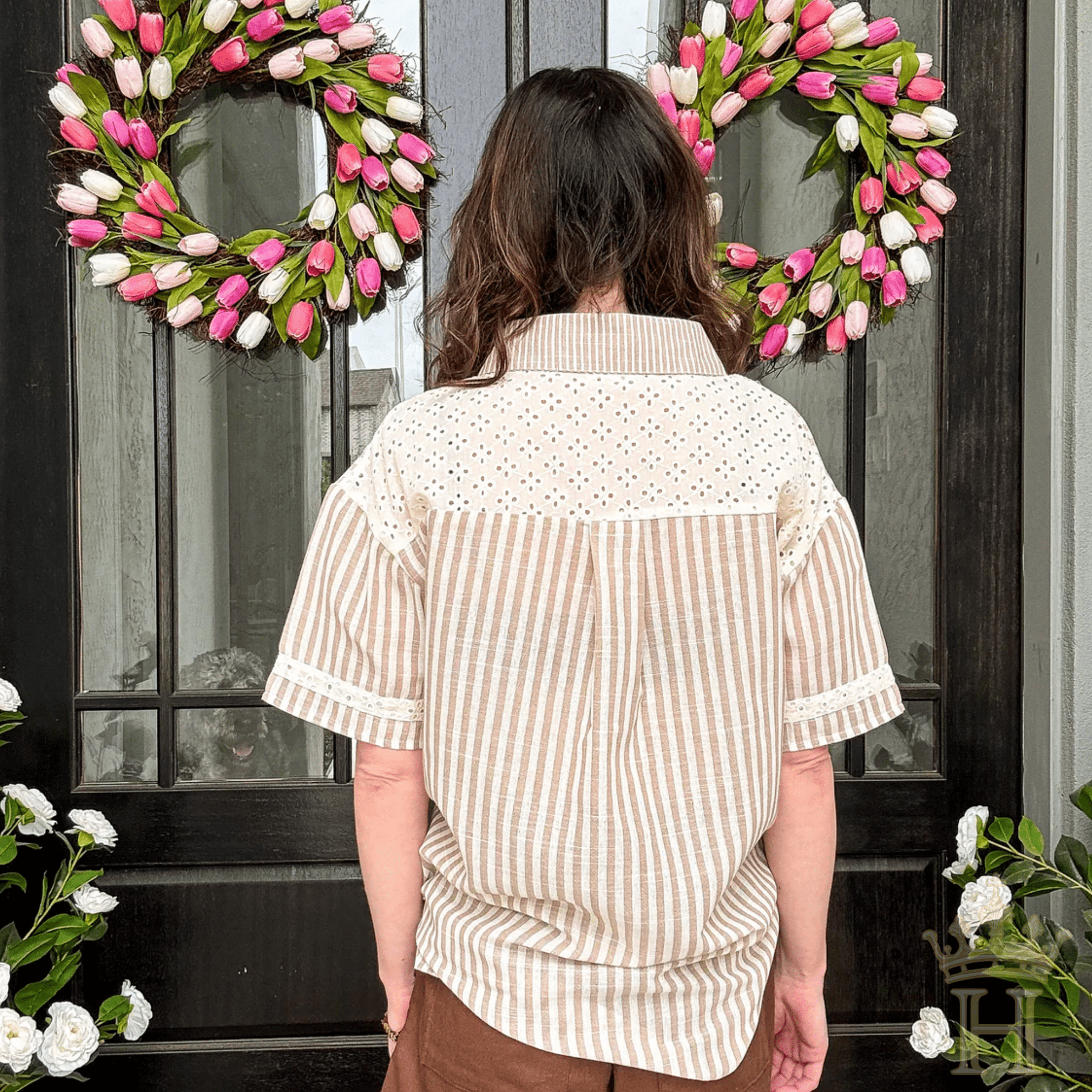 Lace Contrast Stripe Button Down Top - Halemi & Co.