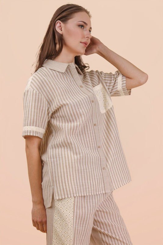 Lace Contrast Stripe Button Down Top - Halemi & Co.