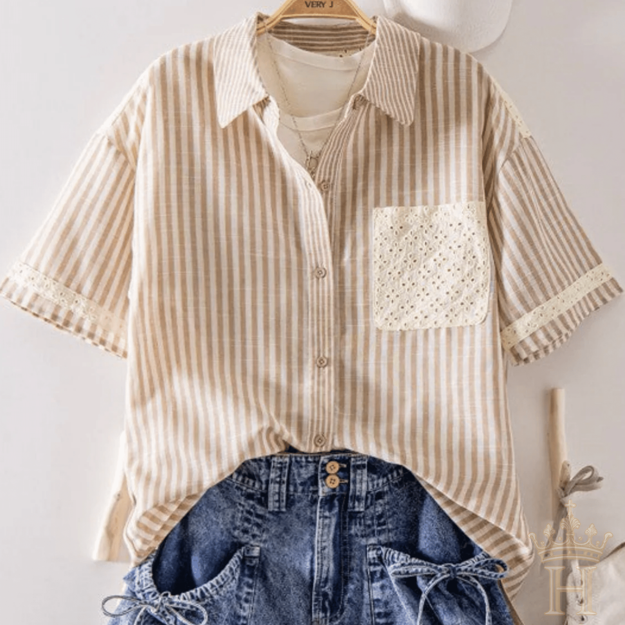 Lace Contrast Stripe Button Down Top - Halemi & Co.