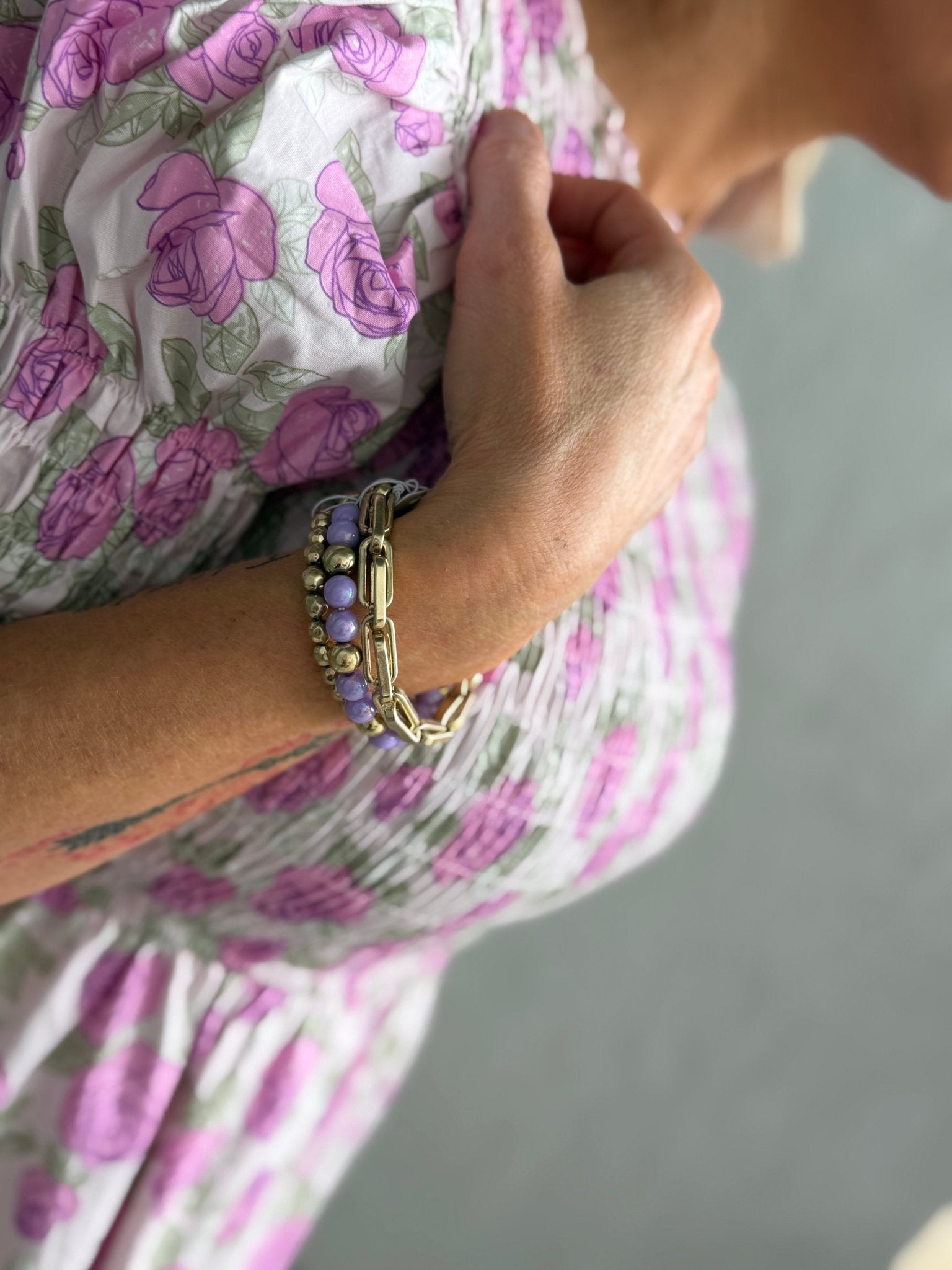 Lavender Trio Bracelet Set featuring three coordinating stretch beaded bracelets in soft lavender tones for everyday layering.