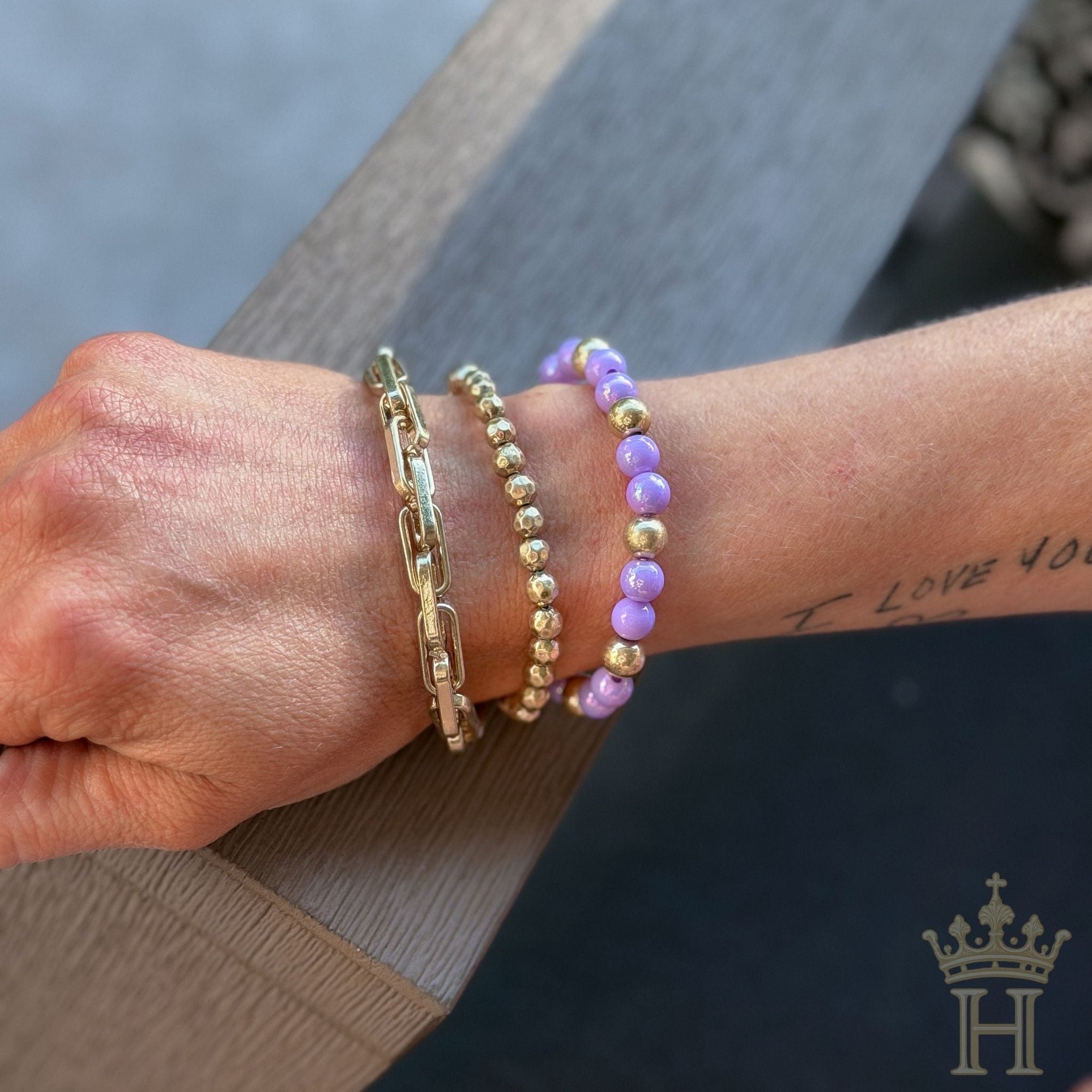 Lavender beaded bracelet trio set with feminine layered styling