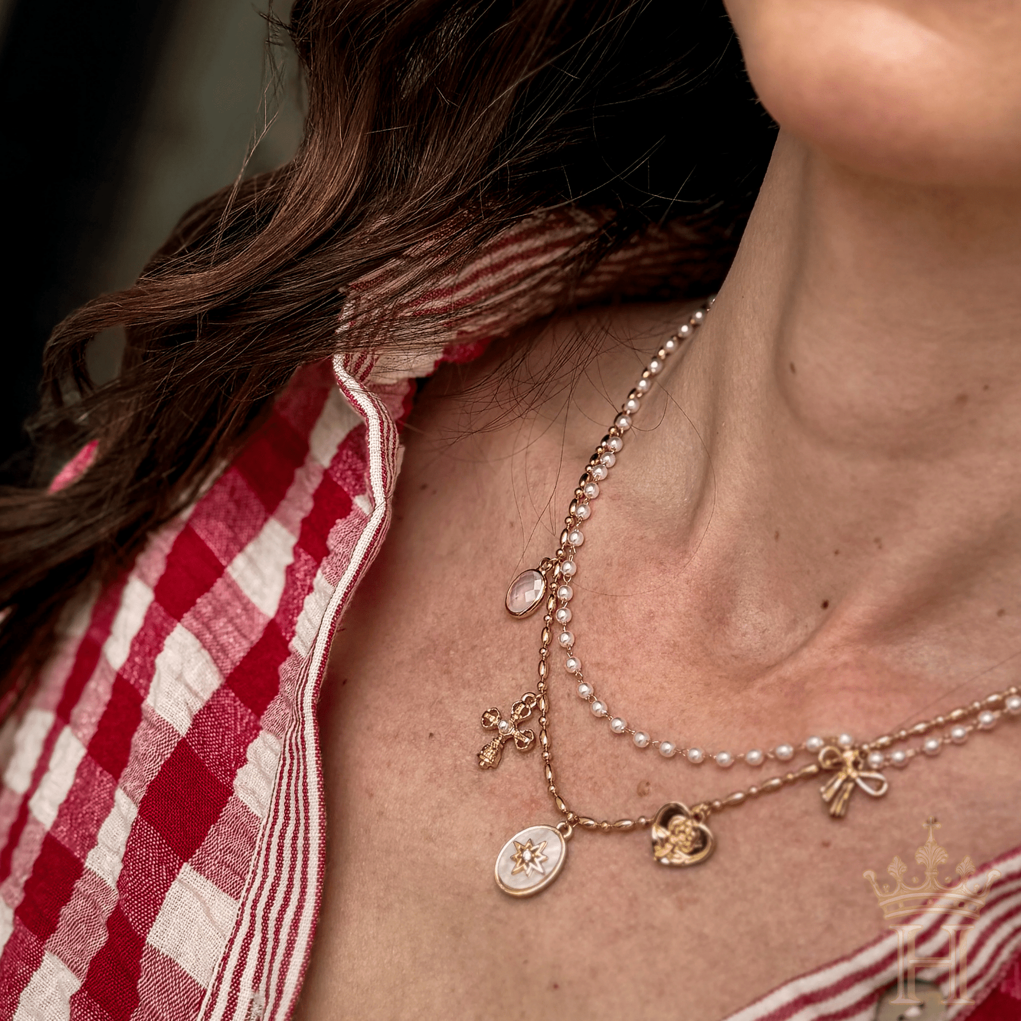 Layered Pearl Charm Necklace – Gold Multi Strand Charm Necklace - Halemi & Co.