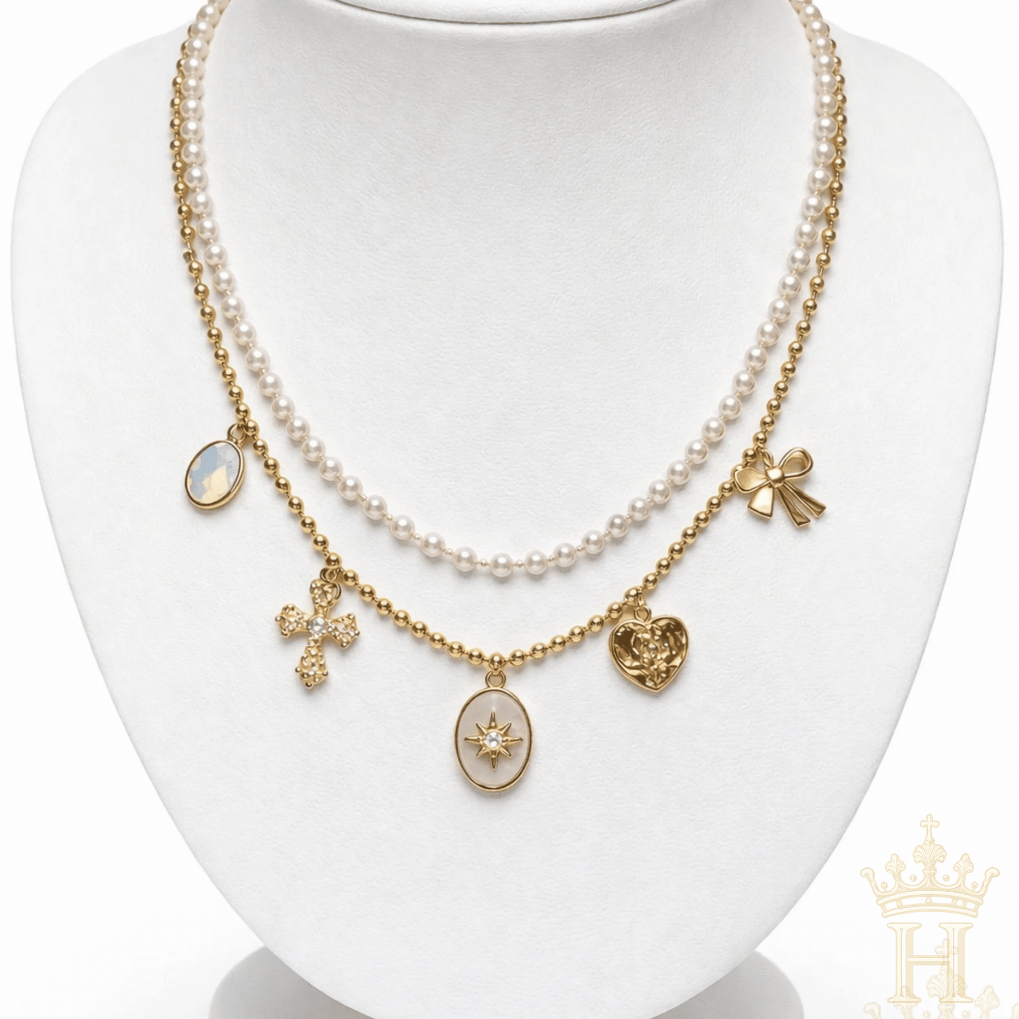 Layered Pearl Charm Necklace – Gold Multi Strand Charm Necklace - Halemi & Co.