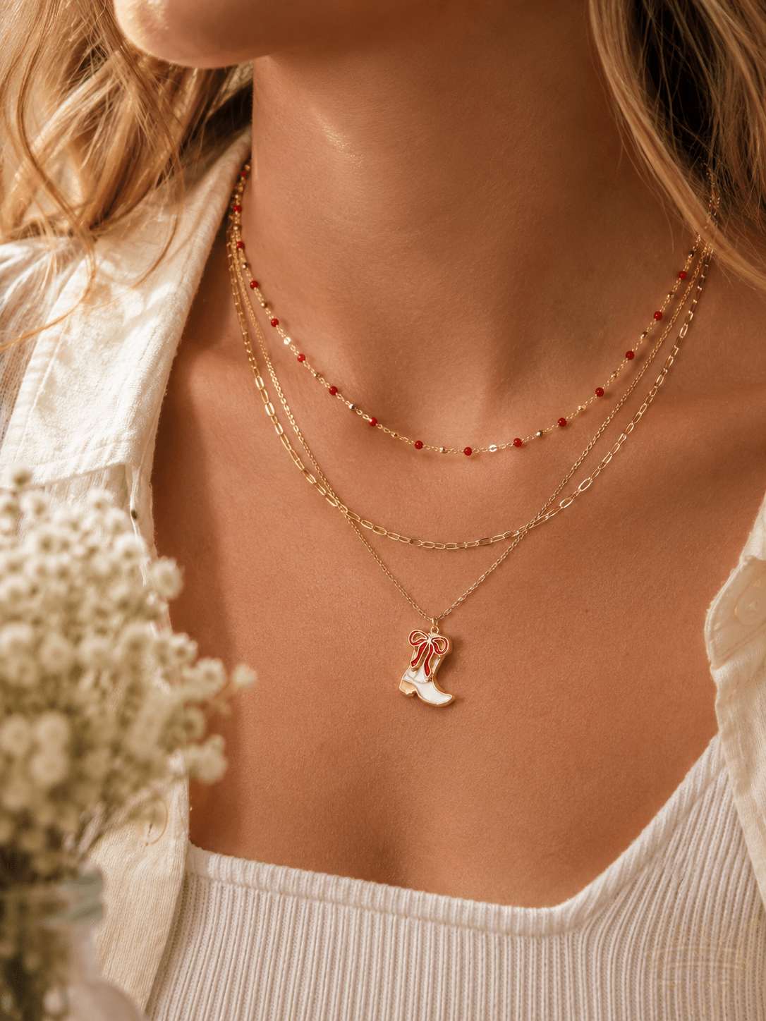 Layered Red Beaded Boot Charm Necklace - Halemi &amp; Co.