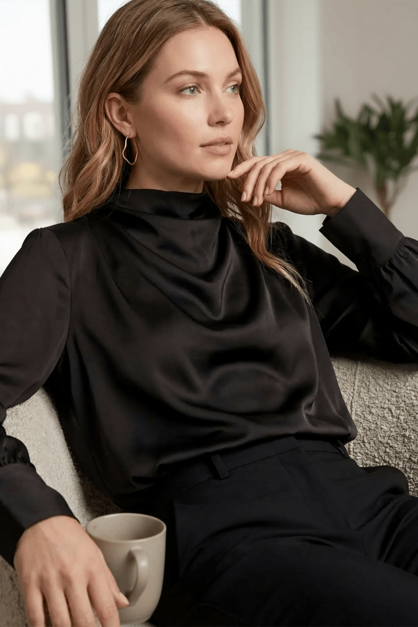 Midnight Luxe Satin Cowl Neck Blouse - Halemi & Co.