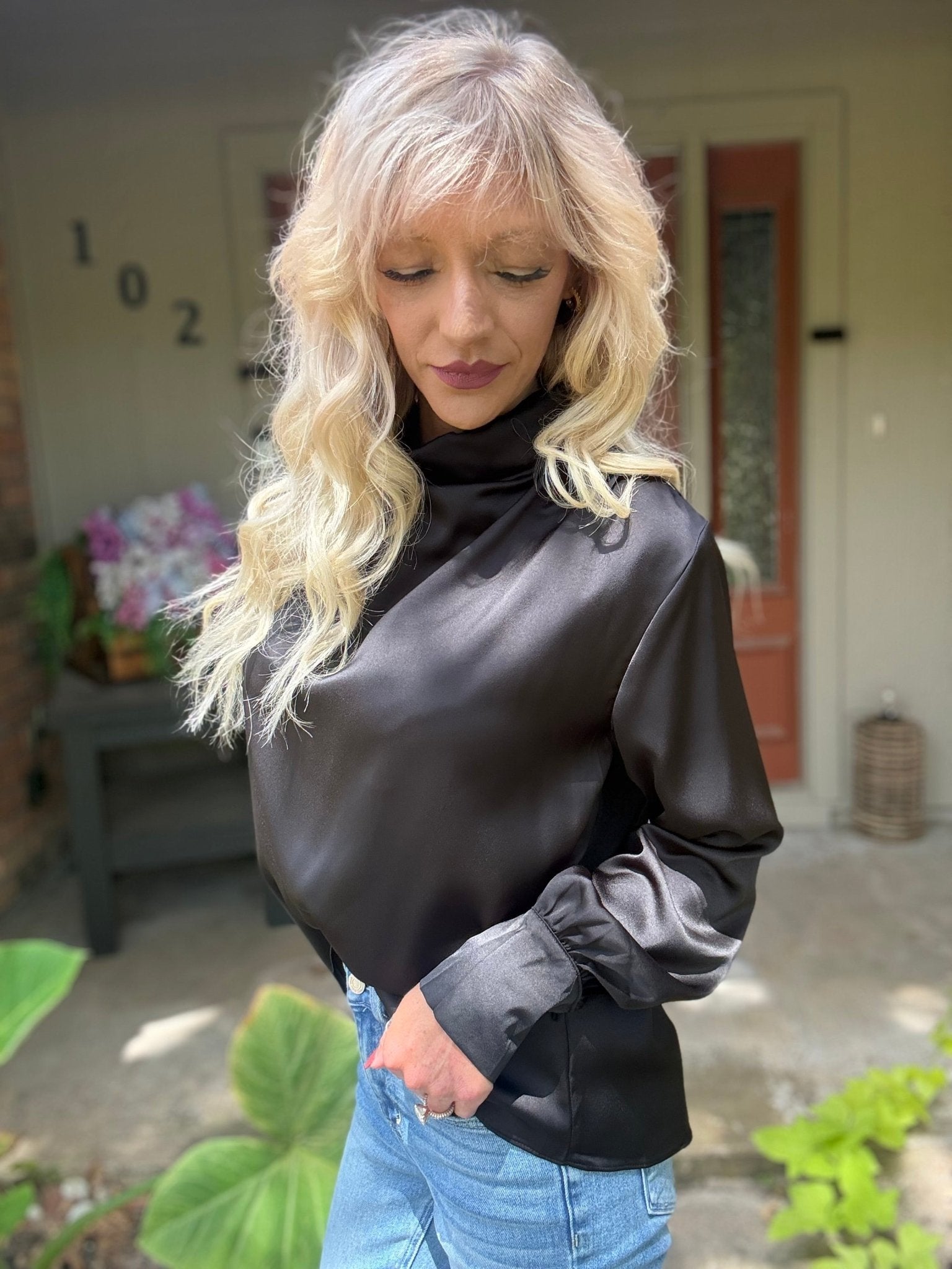 Midnight Luxe Satin Cowl Neck Blouse - Halemi & Co.