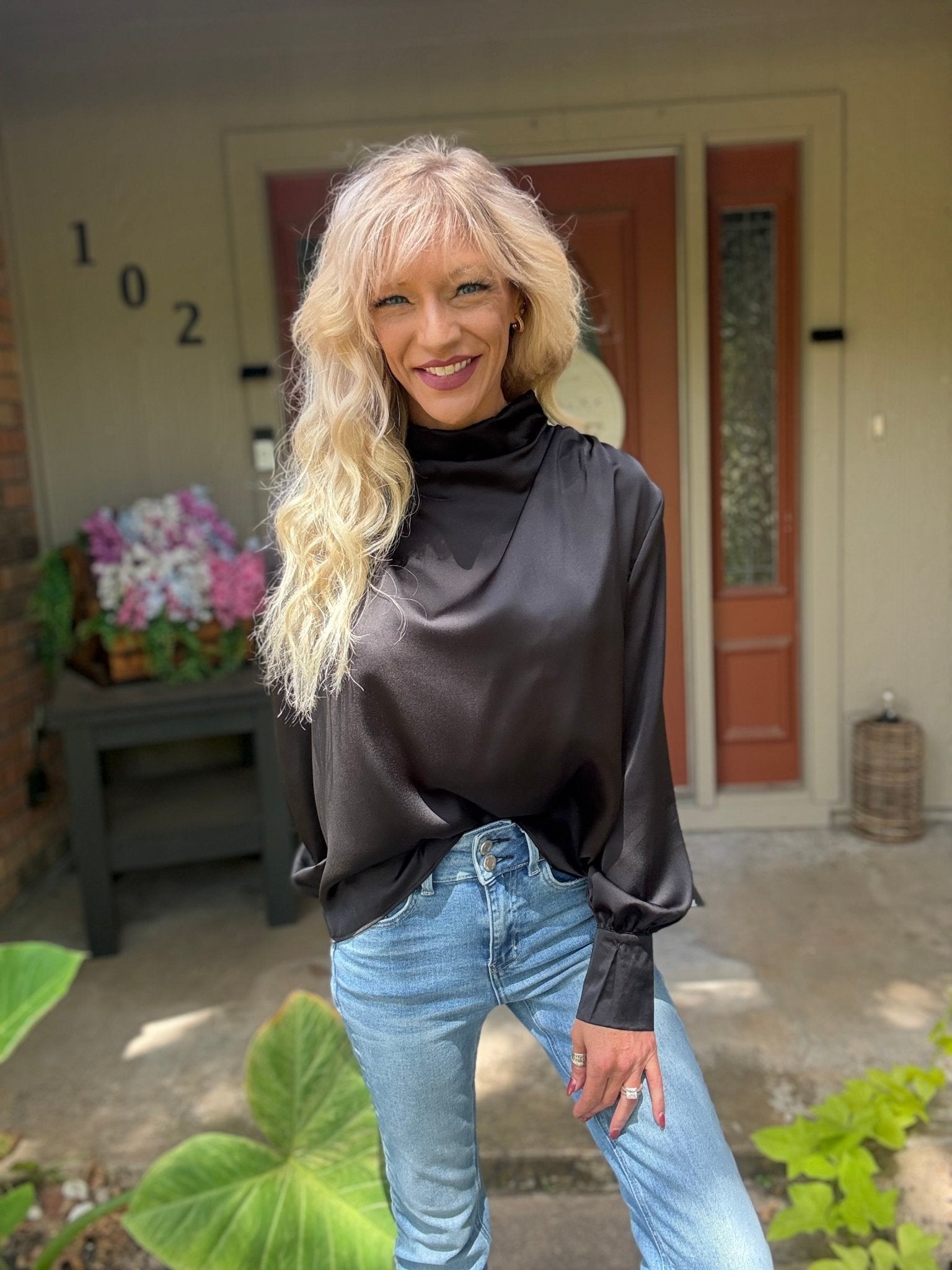 Midnight Luxe Satin Cowl Neck Blouse - Halemi & Co.