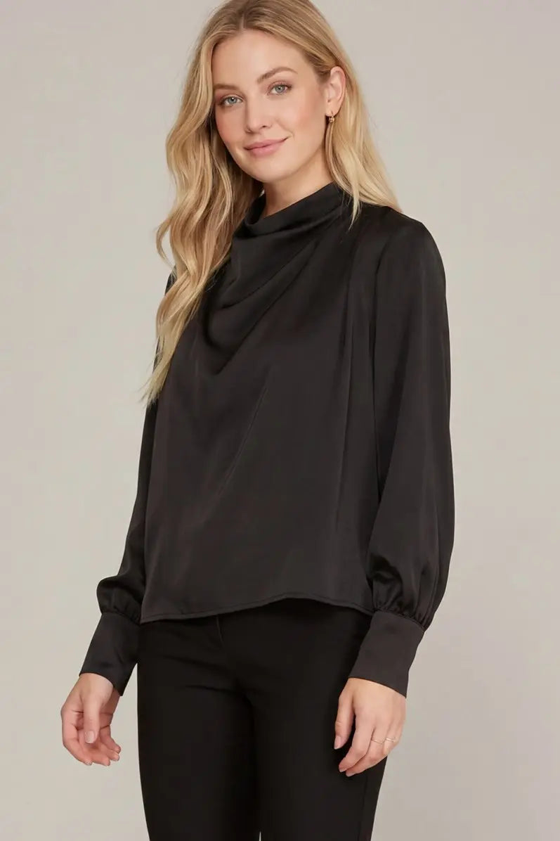 Black satin cowl neck blouse featuring a relaxed fit and long balloon sleeves.