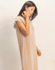 Front view of oversized mineral wash midi dress with relaxed fit