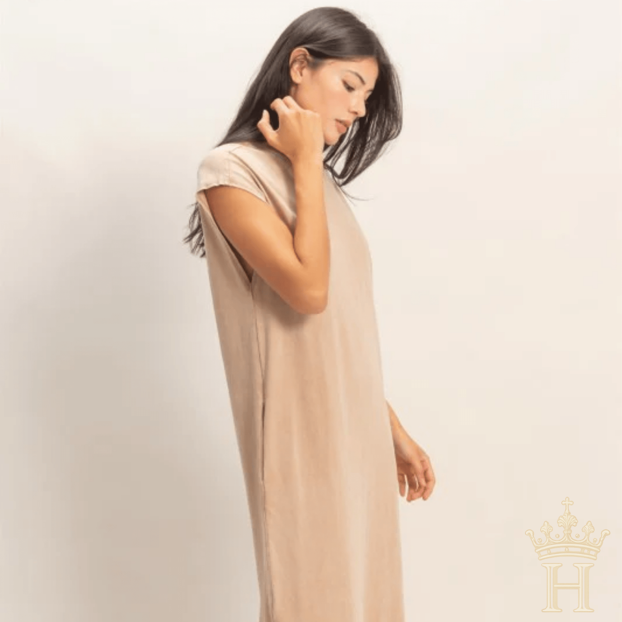Front view of oversized mineral wash midi dress with relaxed fit