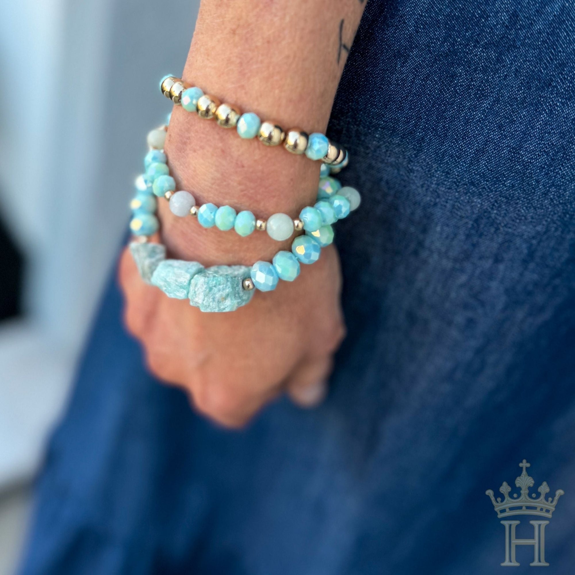 Mint Amazonite Beaded Bracelet Set featuring three stackable stretch bracelets with soft mint gemstone beads for everyday wear.